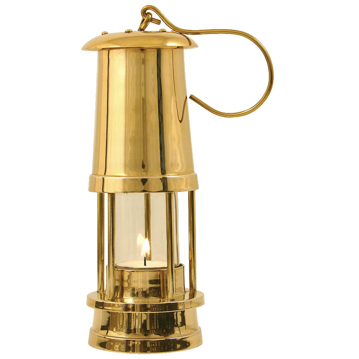 Windlicht Grubenlampe H1eWtal Messing massiv poliert, Handarbeit, mit Maxi-Teelicht und Aufhängehaken, Leuchtdauer ca. 8 Stunden, Höhe 21 cm, Durchmesser 75 mm, Gewicht 830 g