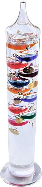 44cm Tall Free Standing Galileo Thermometer with Ten Floating Globes | Measures temperatures from 16 Degrees Centigrade to 35 Degrees | Also in Fahrenheit | Weather Station | Water Thermometer