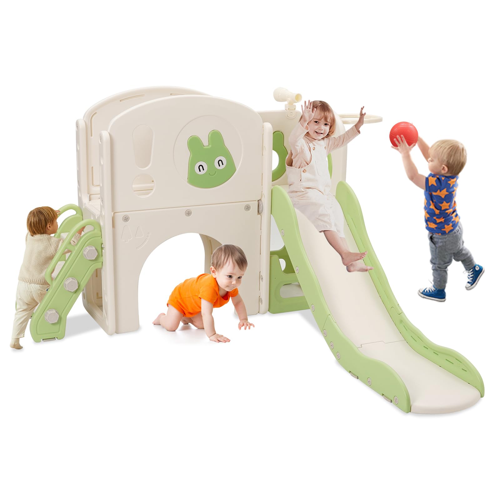 Tobogán infantil con estructura de escalada, tobogán infantil 6 en 1 con telescopio, canasta de baloncesto, pasarela, parque infantil, longitud del tobogán 160 cm (verde)