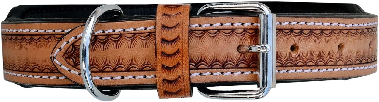 Affilare Leather Dog Collar Western Style Heavy Duty Hand Tooled Adjustable Padded Soft for Puppies and Big Dogs 10AB119-L