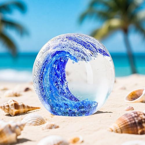 Miniatura 2 de Figuras de vidrio soplado de onda azul, coleccionables, arte de cristal, mar, olas del océano, pisapapeles, decoración para el hogar y la oficina,
