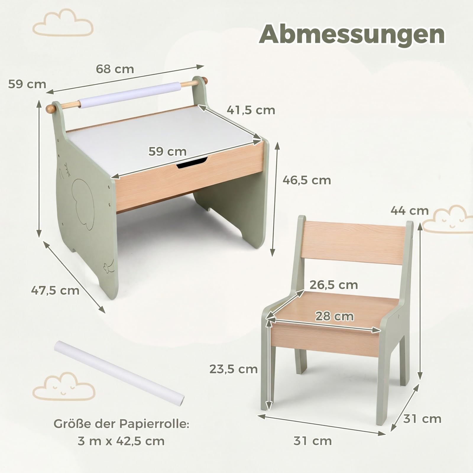 COSTWAY Kindertisch mit Stuhl, 4 in 1 Kindersitzgruppe aus Holz mit wendbarer & abnembarer Tischplatte, Kinder Maltisch mit Stauraum & Papierrollenhalter, Sitzgruppe für Kinder ab 3 Jahren