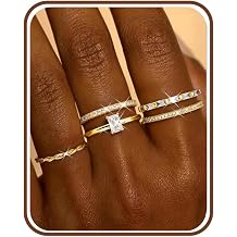FUNRUN JEWELRY 14K Gold Plated Rings Thin Stackable Rings for Women Non Tarnish Trendy Knuckle Pinky Thumb Ring Set Dainty Cubic Zirconia Wedding Band Statement Engagement Ring Stack Size 5-10 5PCS