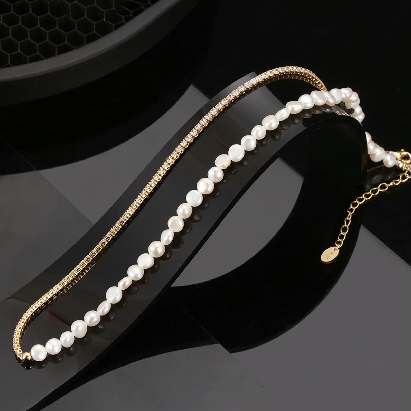KELIEQA Collar de Perlas de Plata de Oro 925 con Perla barroca Natural de 3-4 mm Hecha a Mano Pearla pequeña para Mujeres