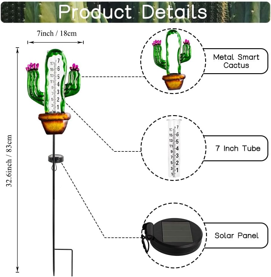 Stargarden Solar Rain Gauge Outdoor, Cactus Solar Powered Rain Gauge, 7 Inch Tube Rain Measure Gauge with Metal Stake, Decorative Rainfall Measurement for Lawn, Patio, Yard, Garden