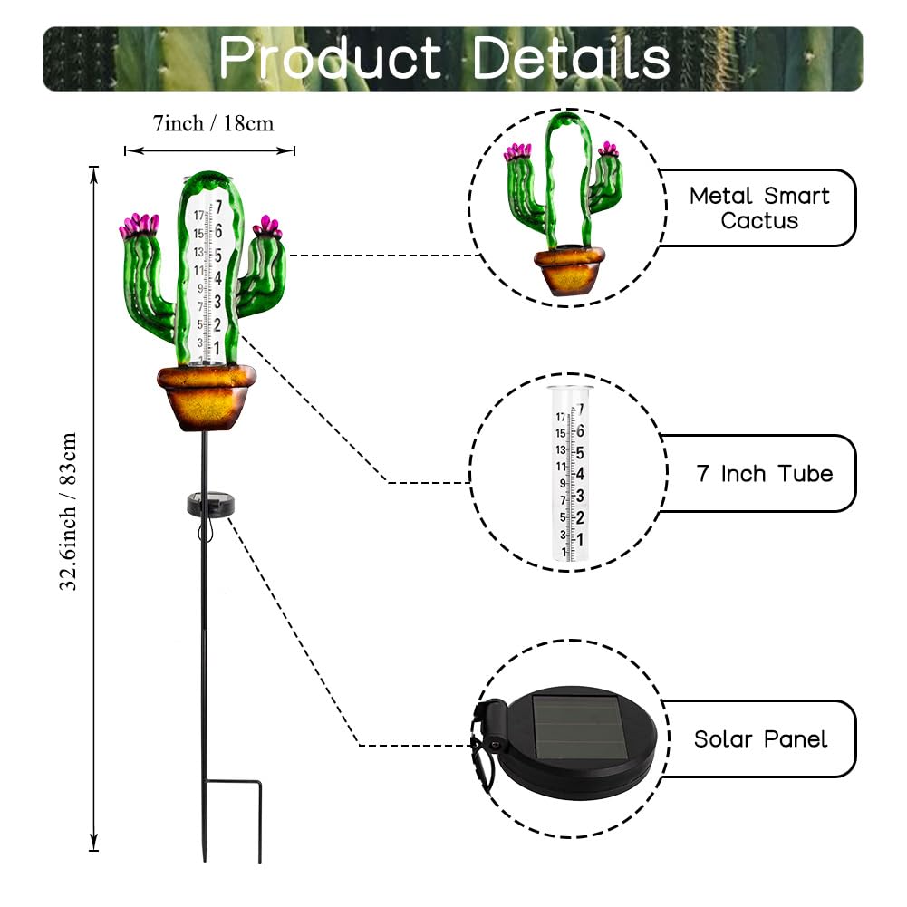 Stargarden Pluviometro solare per esterni, a forma di cactus, a energia solare, 17,8 cm, con paletto in metallo, misura decorativa per prato, patio, cortile, giardino