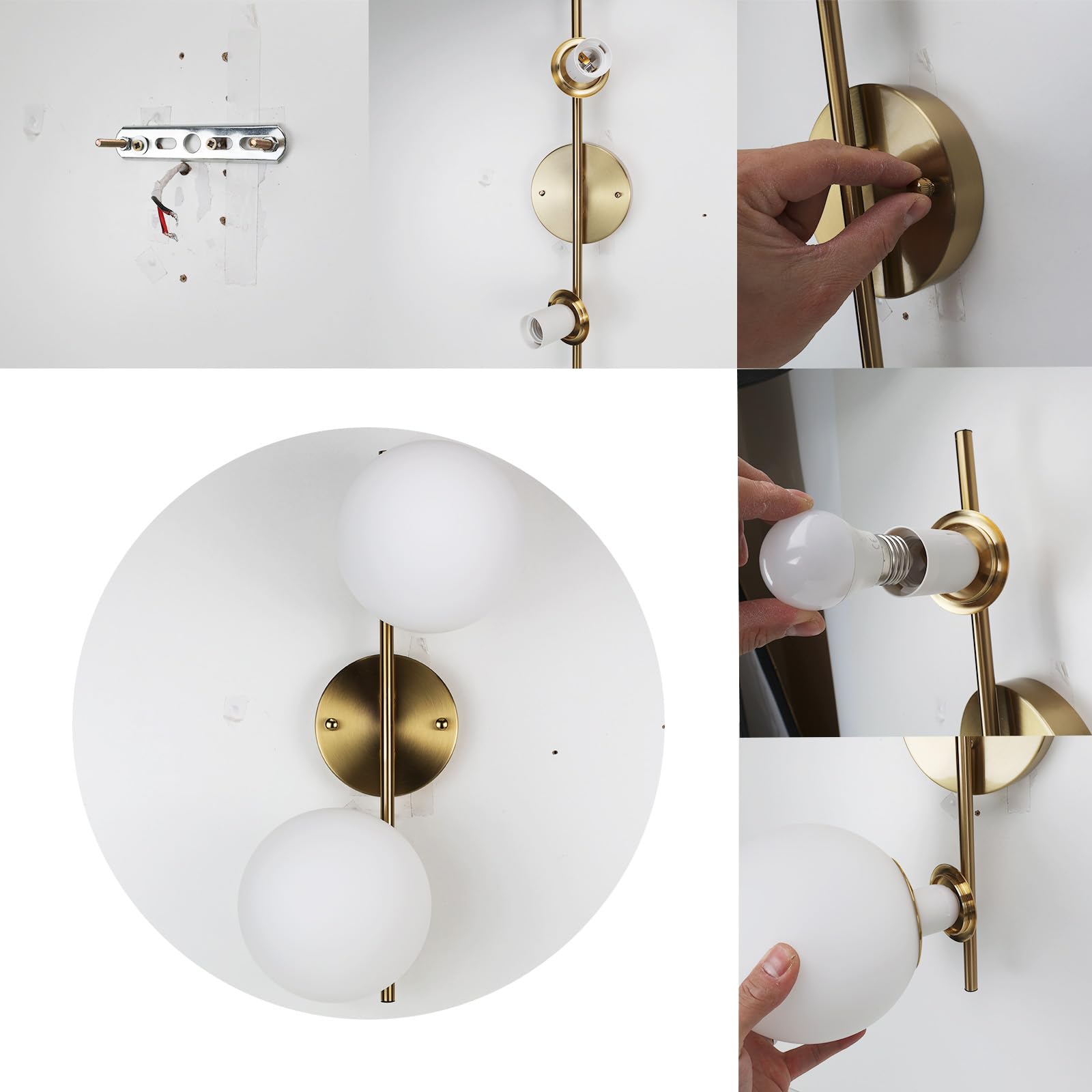 Alpinaluz Applique da parete dorato, lampada da parete con 2 sfere opache bianche, portalampada E27 G45, illuminazione decorativa per camera da letto, soggiorno e corridoio