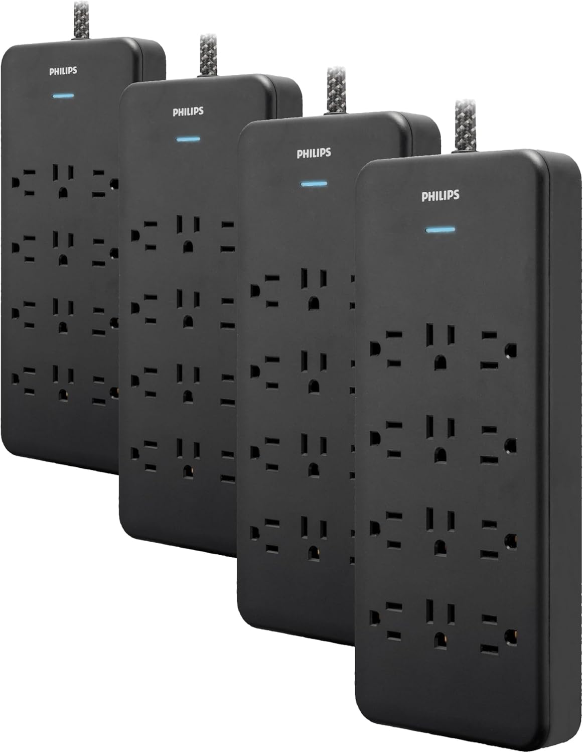 Philips 12-Outlet Surge Protector Power Strip, 6ft Braided Extension Cord, 3500 Joules, Multi Plug Outlet Extender, Adapter-Spaced, Black, SPP3813B/37 (Pack of 4)