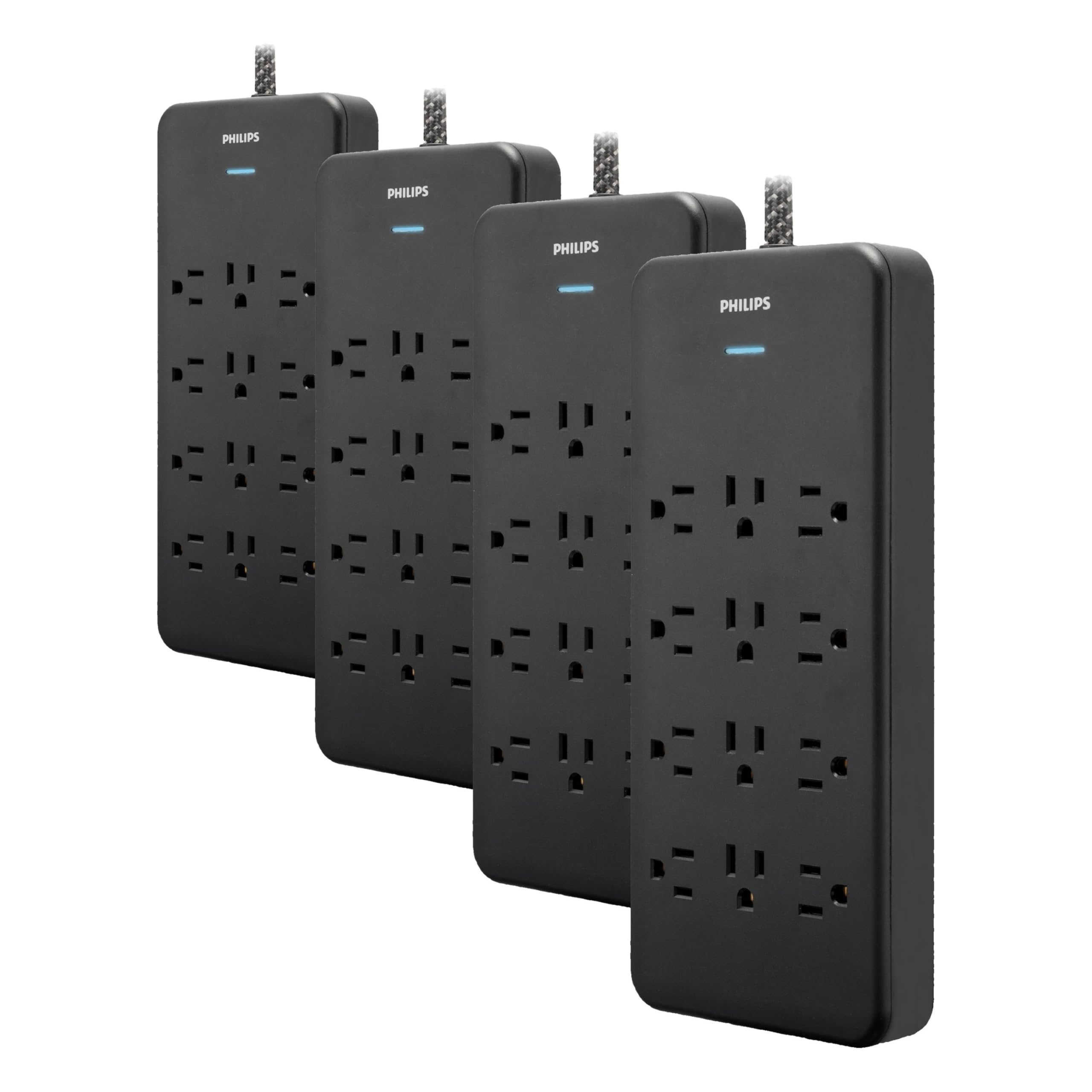 Philips 12-Outlet Surge Protector Power Strip, 6ft Braided Extension Cord, 3500 Joules, Multi Plug Outlet Extender, Adapter-Spaced, Black, SPP3813B/37 (Pack of 4)