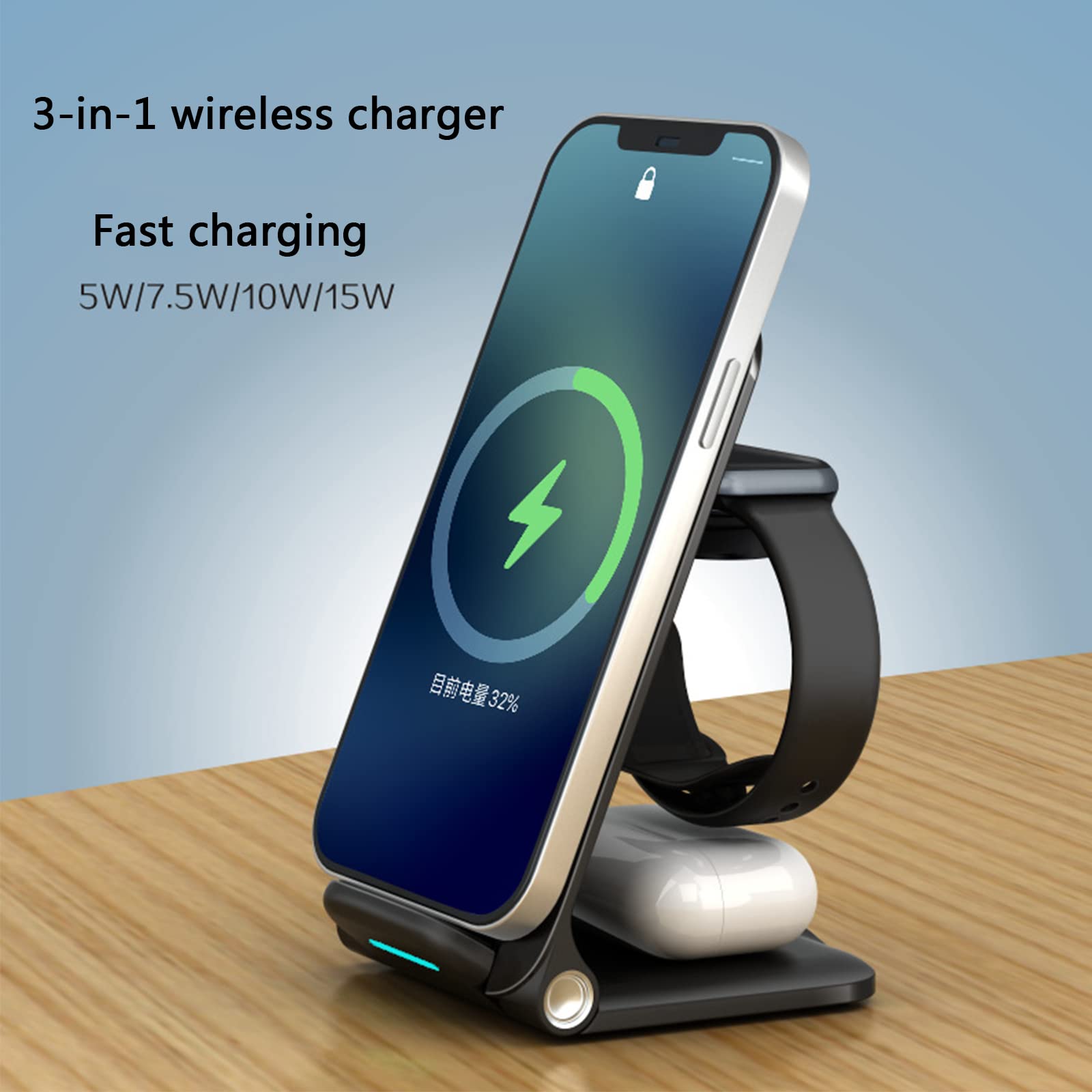 Cargador Sin Cables, Estación De Carga Tres En Uno, Cargador Rápido Sin Cables, Cargador Sin Cables De Inducción De Escritorio Plegable Vertical, Auriculares Con Cargador Sin Cables De Inducción