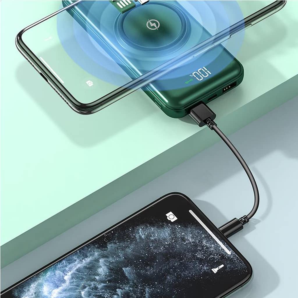 Alarm o dużej pojemności jest dostarczany z czteroprzewodowym power bankiem 20 000 mAh Telefon komórkowy o dużej pojemności Wygodny zasilacz mobilny (Color : Green, Size : 20000mAh)