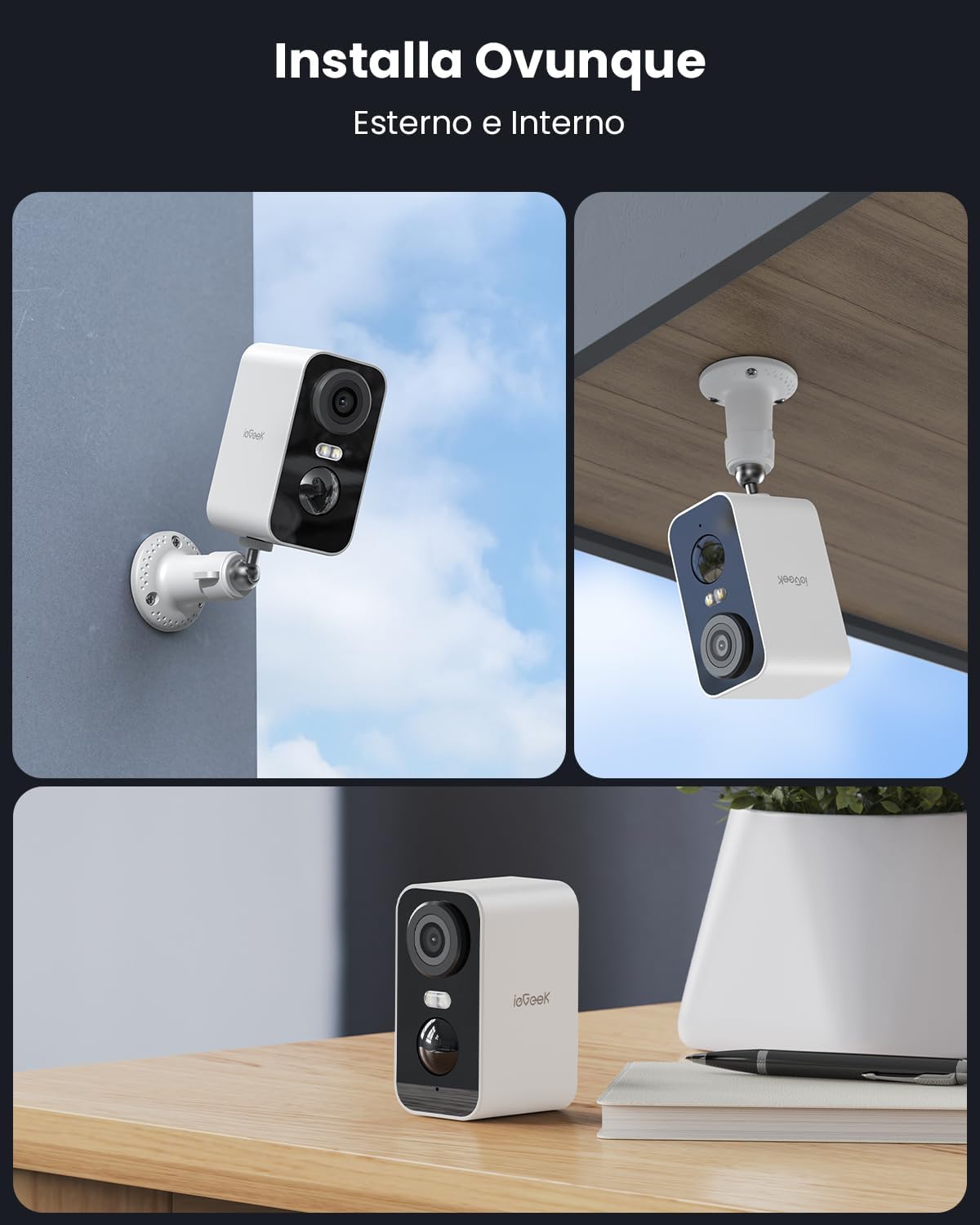 ieGeek 2K Telecamera Wi-Fi Esterno/Interno Senza Fili Batteria, Faro e Allarme Integrato, Visione Notturna a Colori, Rilevamento Movimento PIR, 2 Vie Audio, SD/Cloud Archiviazione, 2,4GHz WiFi, IP65