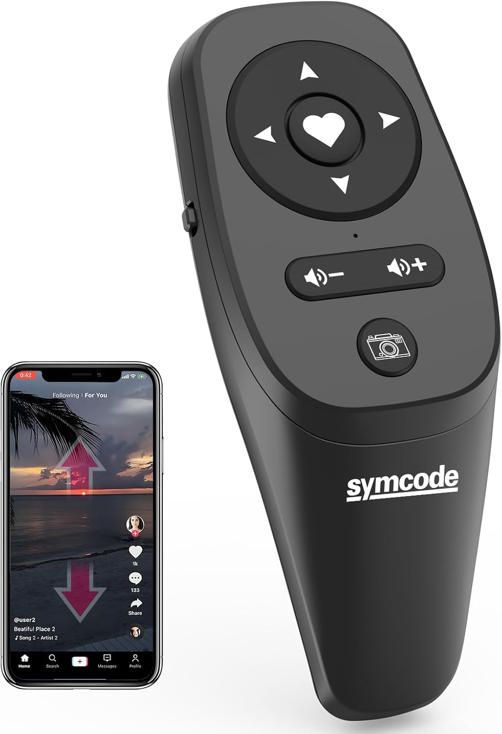 Symcode Smartphone Remote Control Kindle App Page Turner TikTok Remote Control Cell Phone Camera Remote Shutter TIKTok Page Turner Play/Pause Send Like Volume Control Black