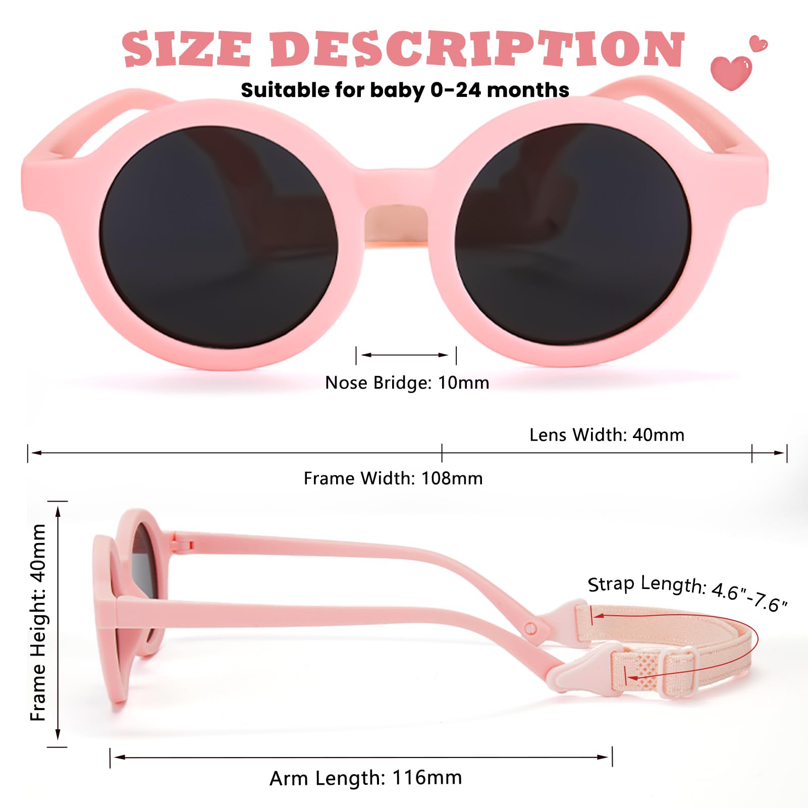 Baby Sonnenbrille 0-24 Monate, Polarisierte mit Riemen Verstellbar Weicher Silikonrahmen Rund Kinder UV400 Schutz Sonnenbrille Baby für 0-2 Jahre
