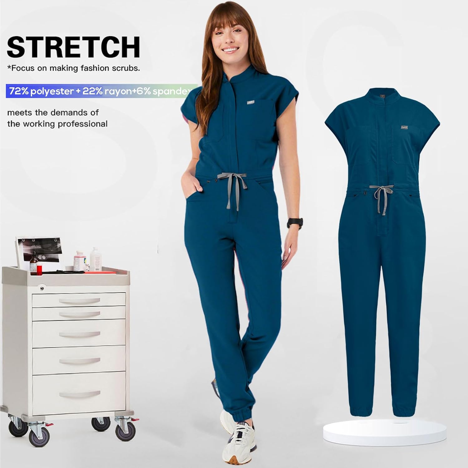 Women's Scrubs Jumpsuit - Soft Stretch Medical Scrub Set with Pockets, Comfortable Nurse & Doctor Workwear(Blue,S) - Image 2