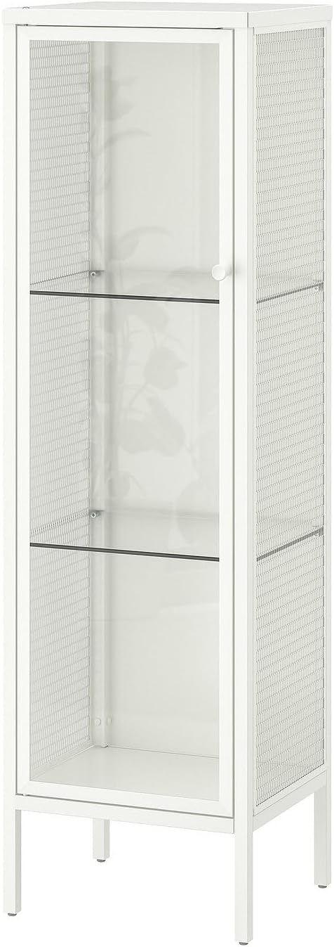 Glass-Door Cabinet, Metal/White, 13 ⅜″ × 11 ¾″ × 45 ⅝″ – Slim Display Storage with Tempered Glass Shelves and Adjustable Feet, Modern Storage for Living Room