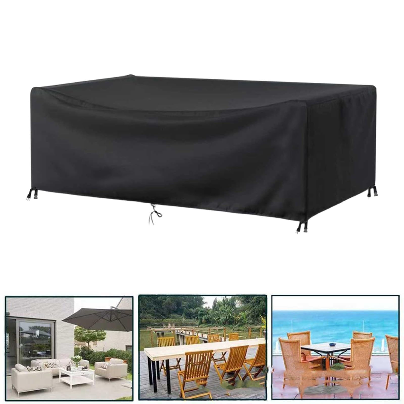 Wasserdichte Abdeckung für Terrassenmöbel für Kombi-Sofas, 420D robuster Garten-Sofa-Schutz mit Belüftung und Gurten, schwarz (305 x 102 x 74 cm)