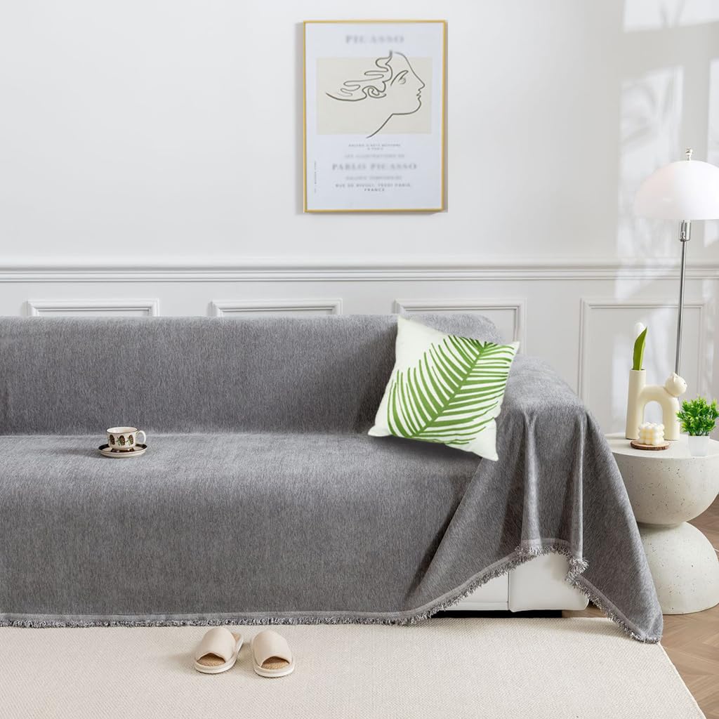 Manta para sofá de Chenilla con Flecos, Antideslizante, protección para Mascotas, Pelo de niños, Perros y Gatos, versátil, Decorativa para sofá para Familia (Gris Oscuro, 230X340cm)