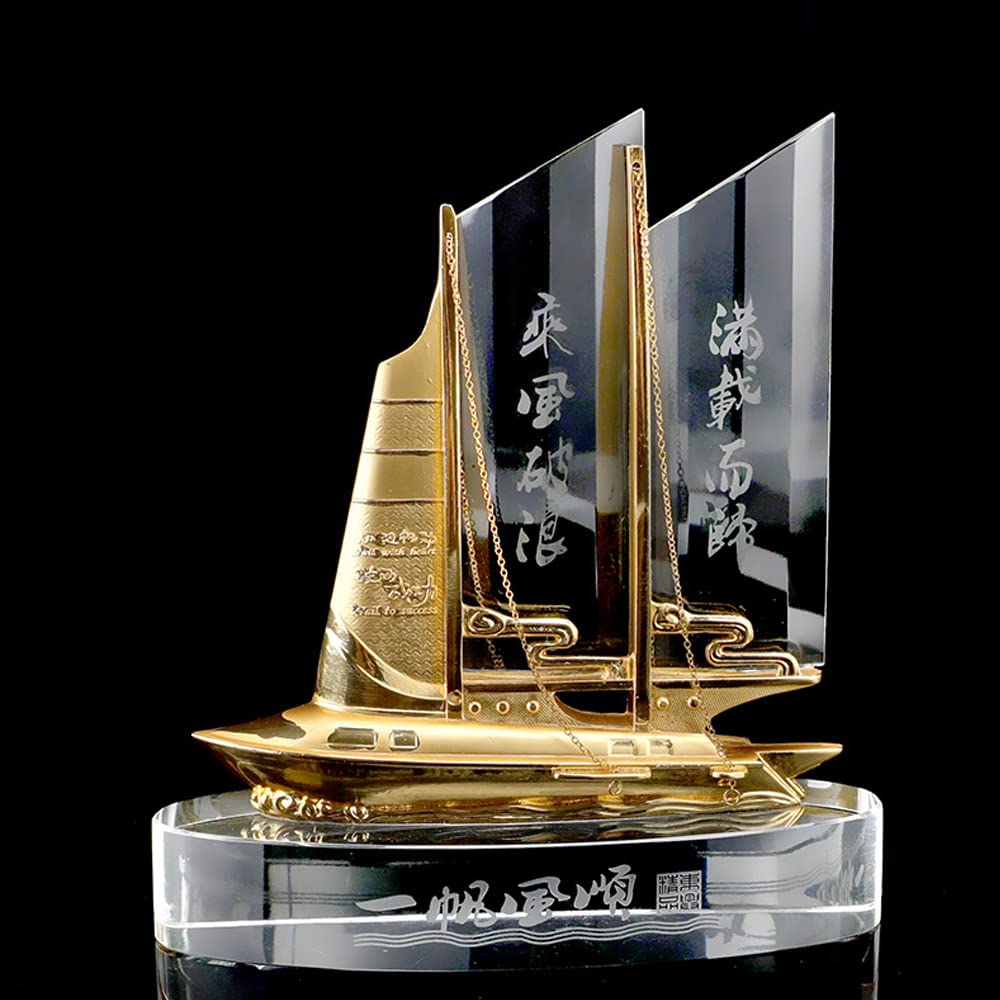 WANLIAN Creative Crystal Metal Sailboat Statue Decoration, feng Shui Wealth, Suitable for Decorating Office and Corner Living Room Statues, as Business Gifts and Souvenirs for Family and Friends