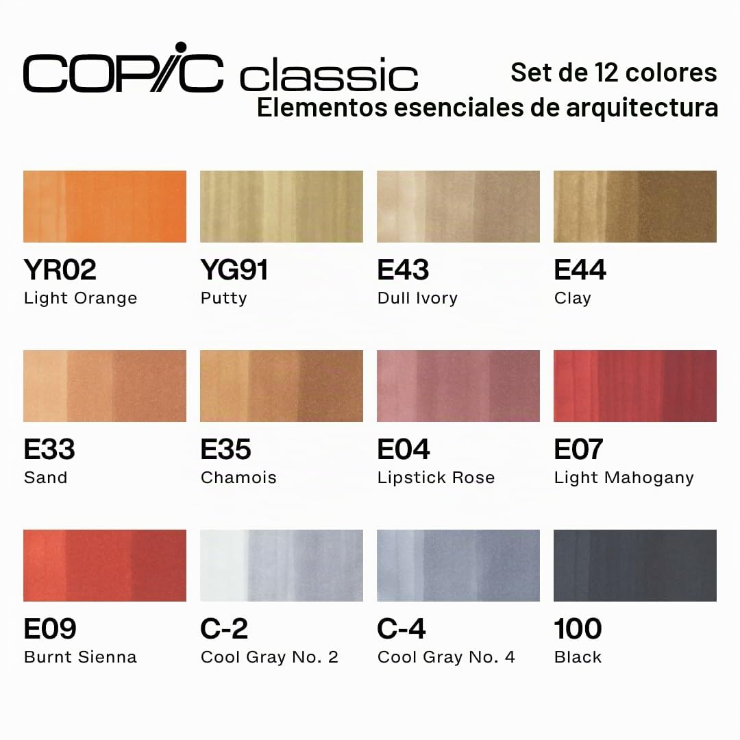 COPIC Classic Set «Couleurs Architecture», Juego de 12 piezas en estuche, Rotulador doble con punta media y fina