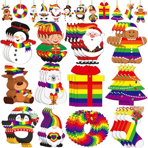 Soaoo 48 Pcs Rainbow Pride Wooden Hanging Ornaments