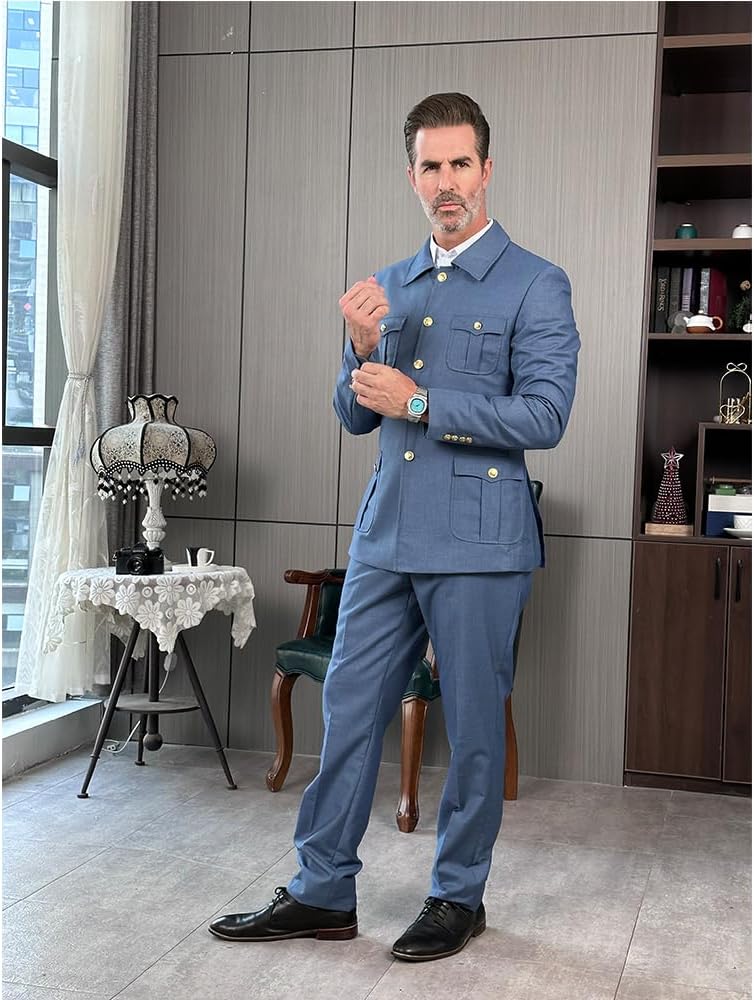 Men Suits Multi-Pocket Tuxedos 2 Pieces Jacket Button-Down Casual Suit with Gold Buttons