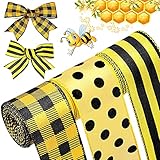 Wiaxin 3 Rolls Burlap Wired Ribbons Plaid Wrapping Ribbons Striped Gingham Grosgrain Ribbon Dot...