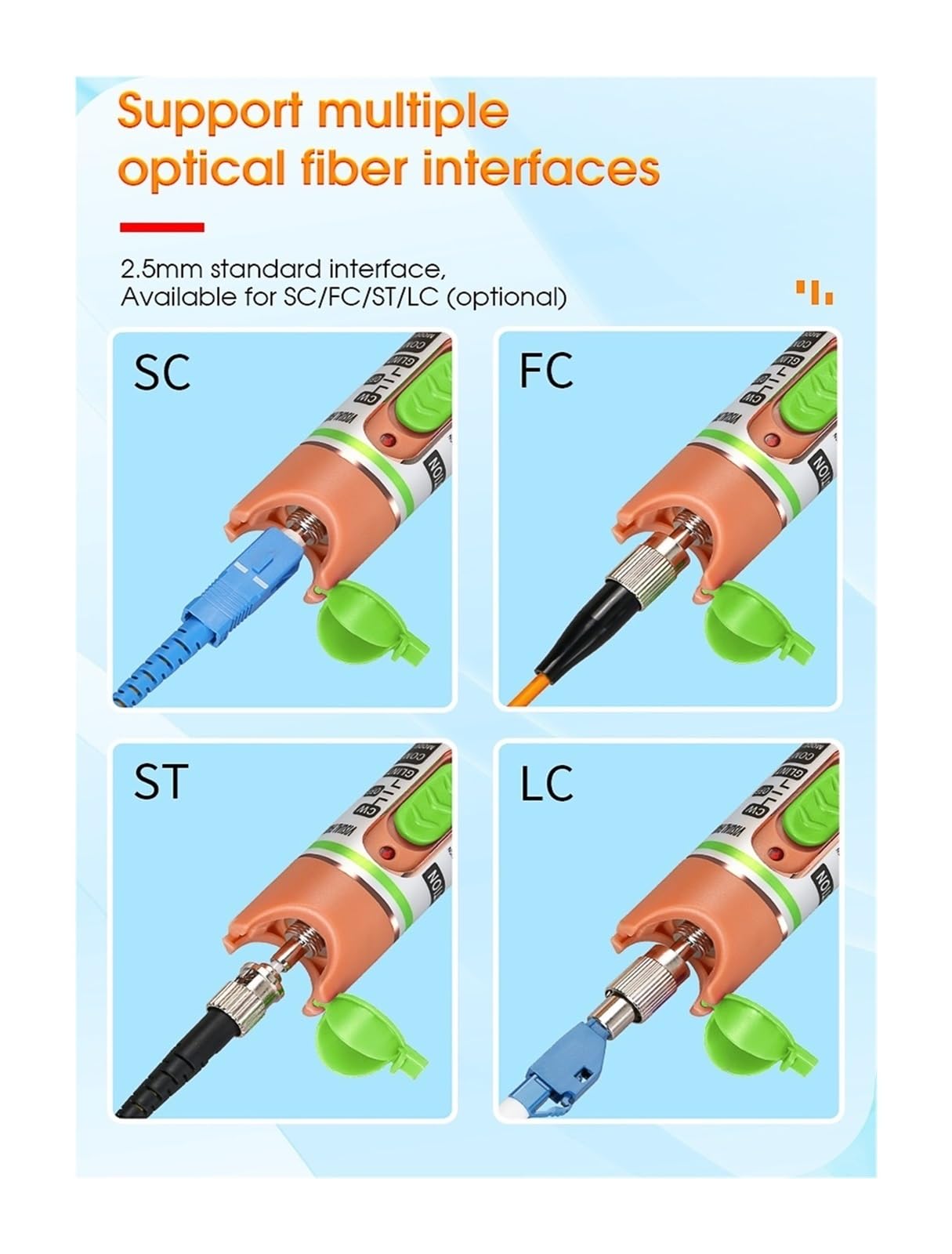 Testeur de câbles à fibres optiques, Optical Fiber Red Light Source Optic Tester，Pen Visual Fault Locator ST FC SC Connector 10KM 30KM 50KM VFL(50MW)