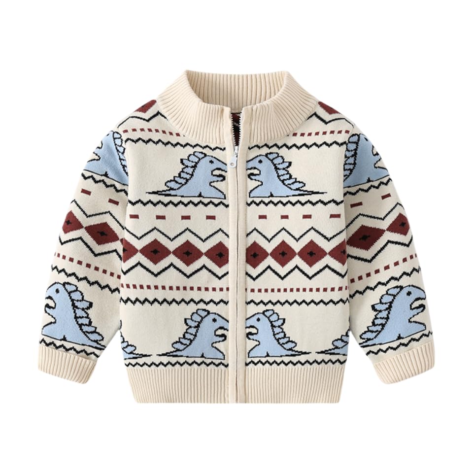 Toddler's Boy Dinosaur Print Knit Cardigan Zip Up Sweaters Fall Winter Sweatshirt Warm Jackets (Beige,90/18-24 M,Unisex,Big Kid,US,Age,18 Months,24 Months)