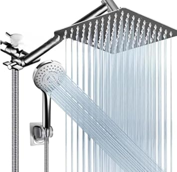 Shower Head Set, Includes 8 Inch High Pressure Rain Shower Head, 9 Adjustable Hand Shower Head, 11 Inch Adjustable Extension Arm, Bracket and Hose, Gentle Flow