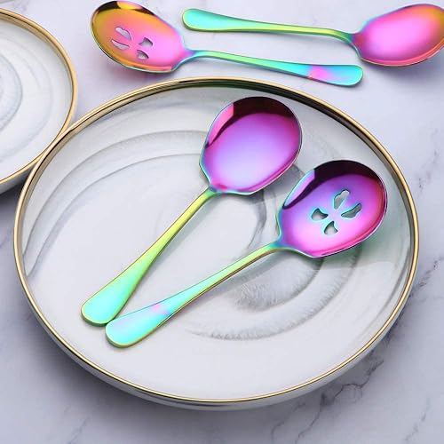 Miniatura 3 de Juego de 2 cucharas grandes para servir, arcoíris, 1 cuchara de sopa y 1 cuchara ranurada, cucharas de servicio de acero inoxidable chapado en