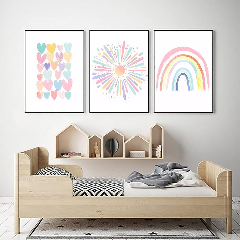Rainbow Canvas Wall Art Set of 3 Nursery Colorful Boho Sun Wall Decor Painting Kids Heart Picture Posters Bedroom Baby Girls Toddler Pastel Wall Decor Prints Baby Room Bedroom Dorm Decor No Framed (16X24Inch Unframed)
