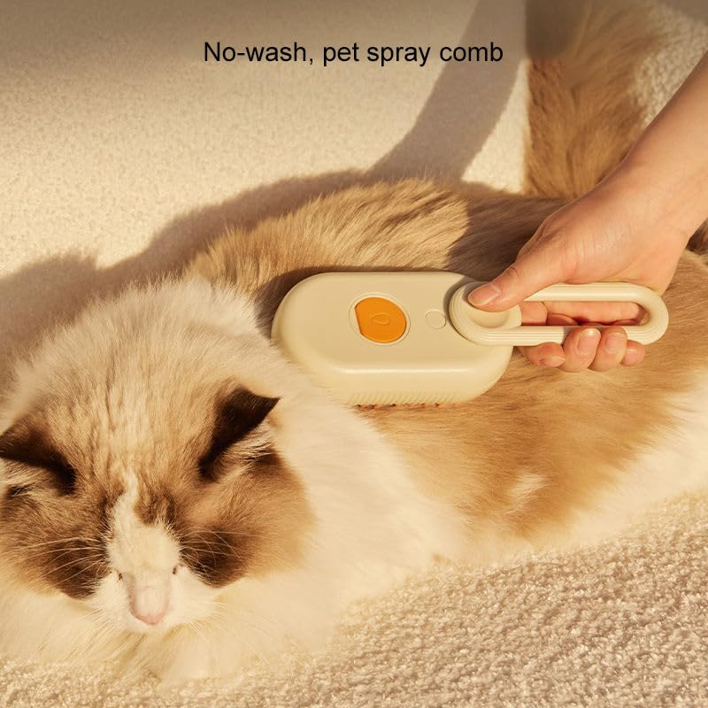 Image of 3-in-1 Cat Grooming Brush - Water Spray & Self-Cleaning Shedding Brush for Cats & Dogs - Pet Hair Removal & Massage Comb for Long & Short Hair (beige). (Beige)