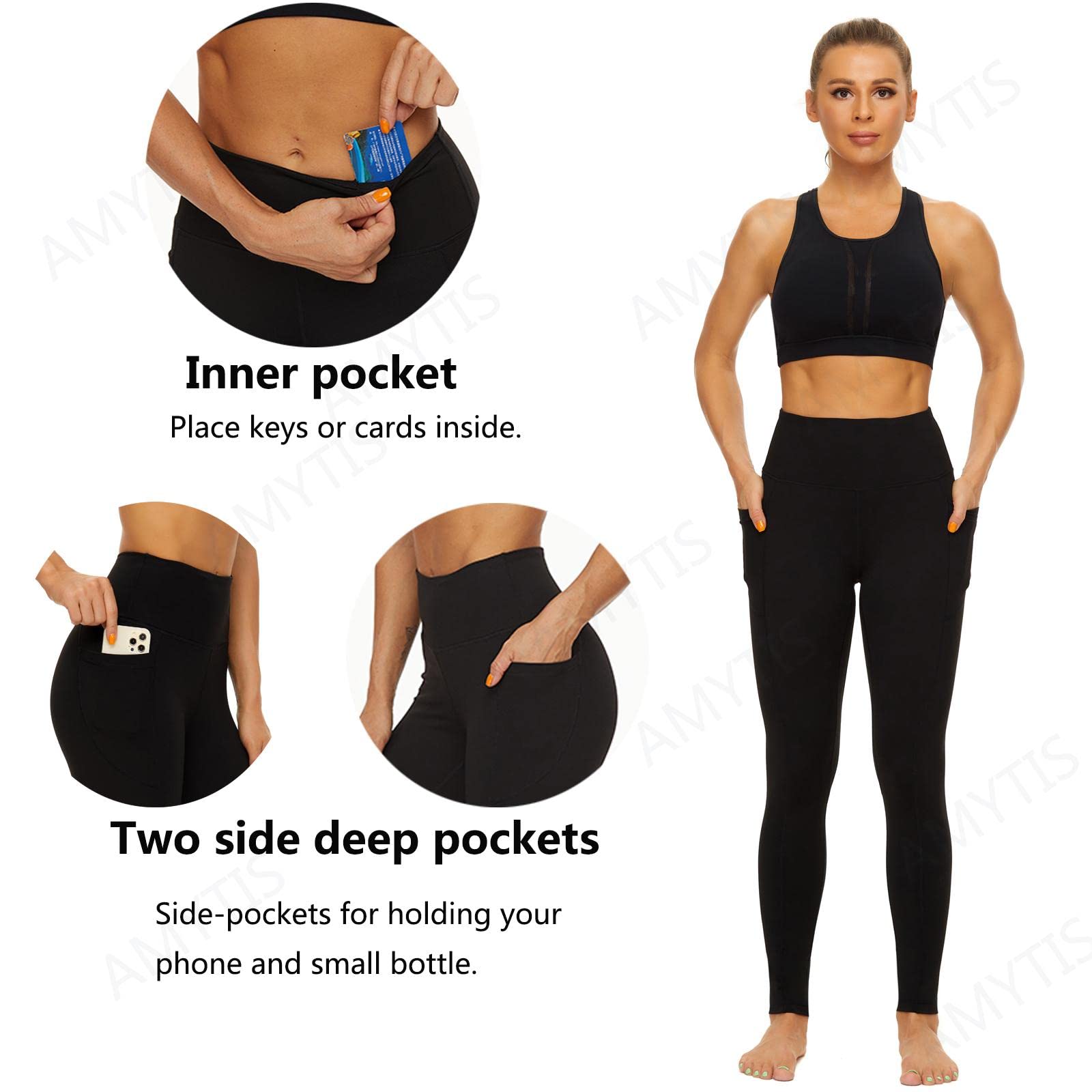 AMYTIS Sport Leggings Damen High Waist Yogahose mit Taschen Lang Sporthose Blickdicht Leggins Fitness Sportleggins - 3