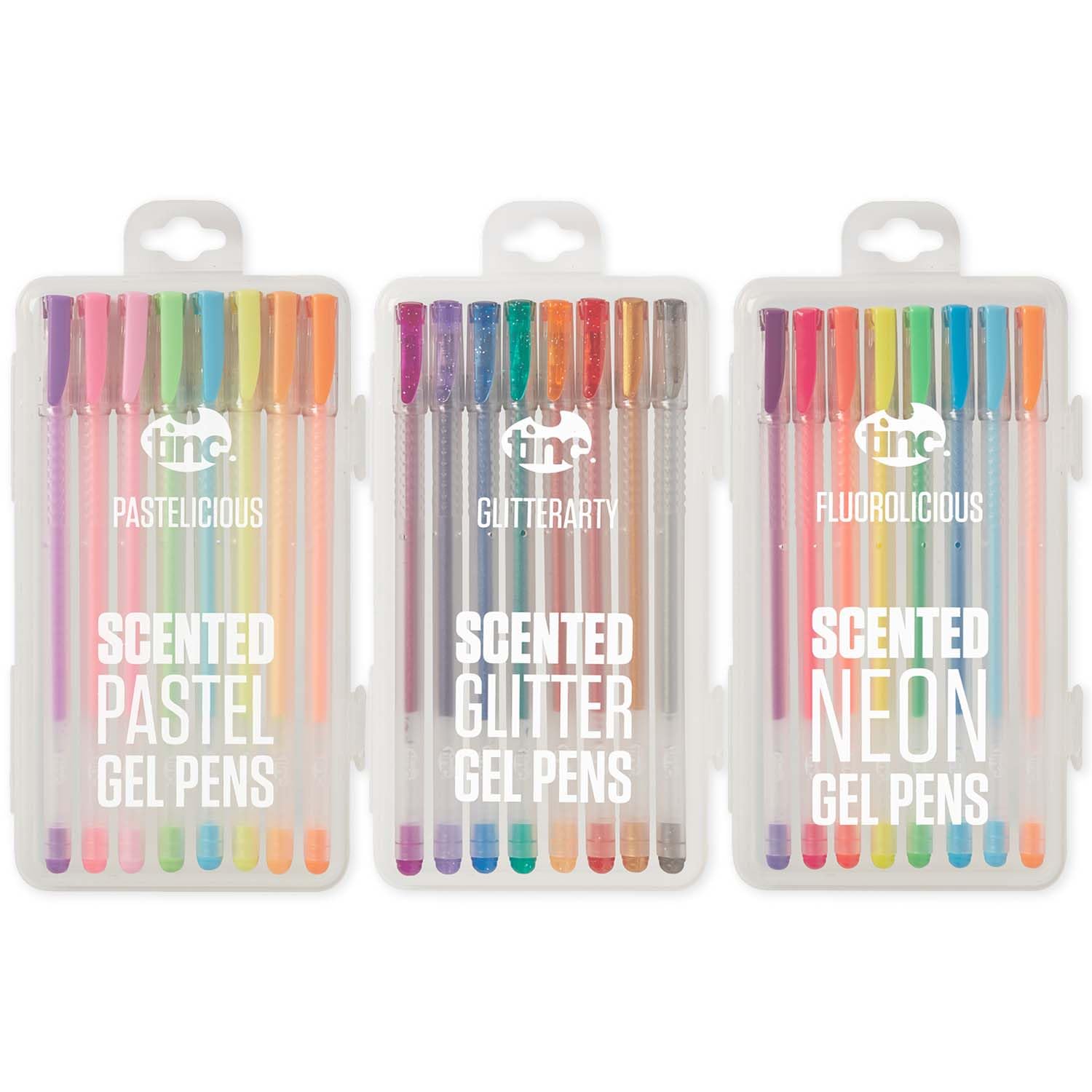 Tinc Scented Gel Pens | 3 Sets of 8 | Fluorolicious, Glitterarty, & Pastelicious | 24 Fruity Fragranced Liquid Gel Pens with Carry Cases | Fun Neon,