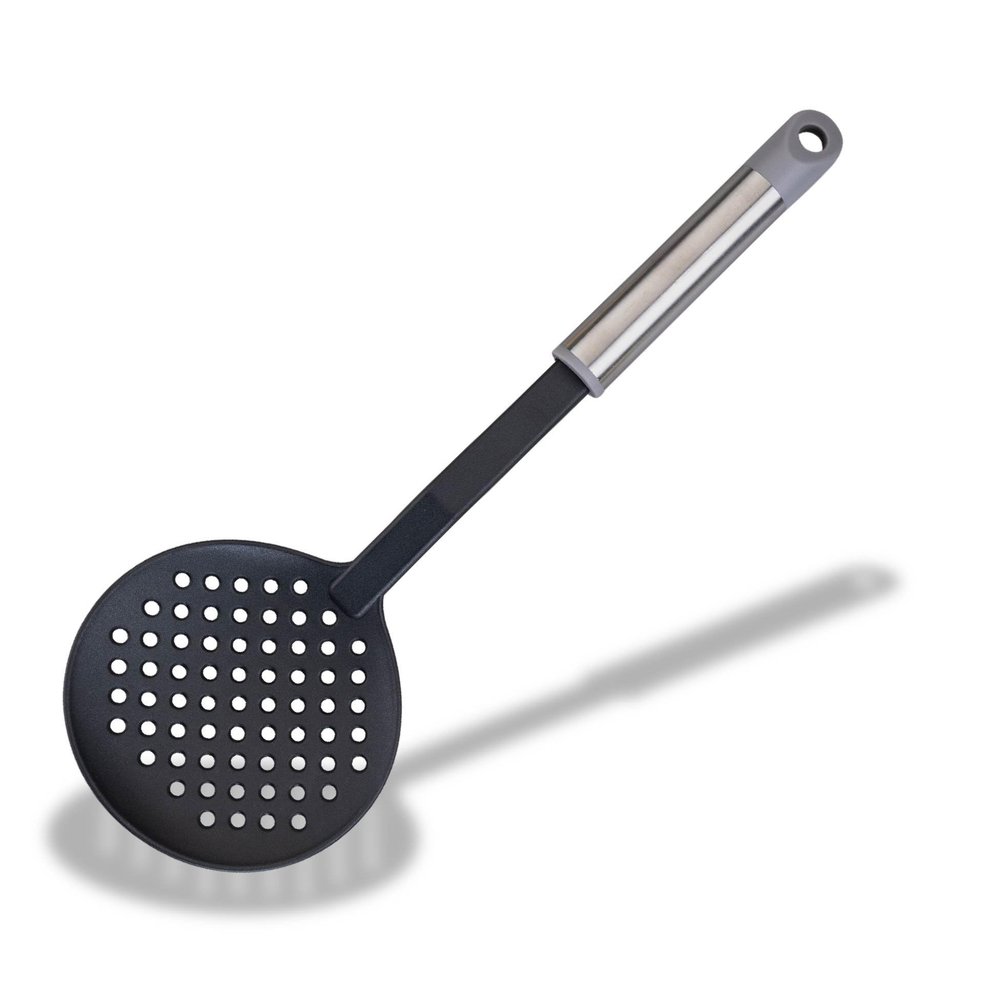 Fackelmann MODE Skimmer, Oil Skimmer & Strainer, Heat-Resistant Plastic Ladle, Colander Straining Spoon, Non-Stick & Anti-Scratch, Deep Fat Frying, Small Holes, 34cm, Black,grey