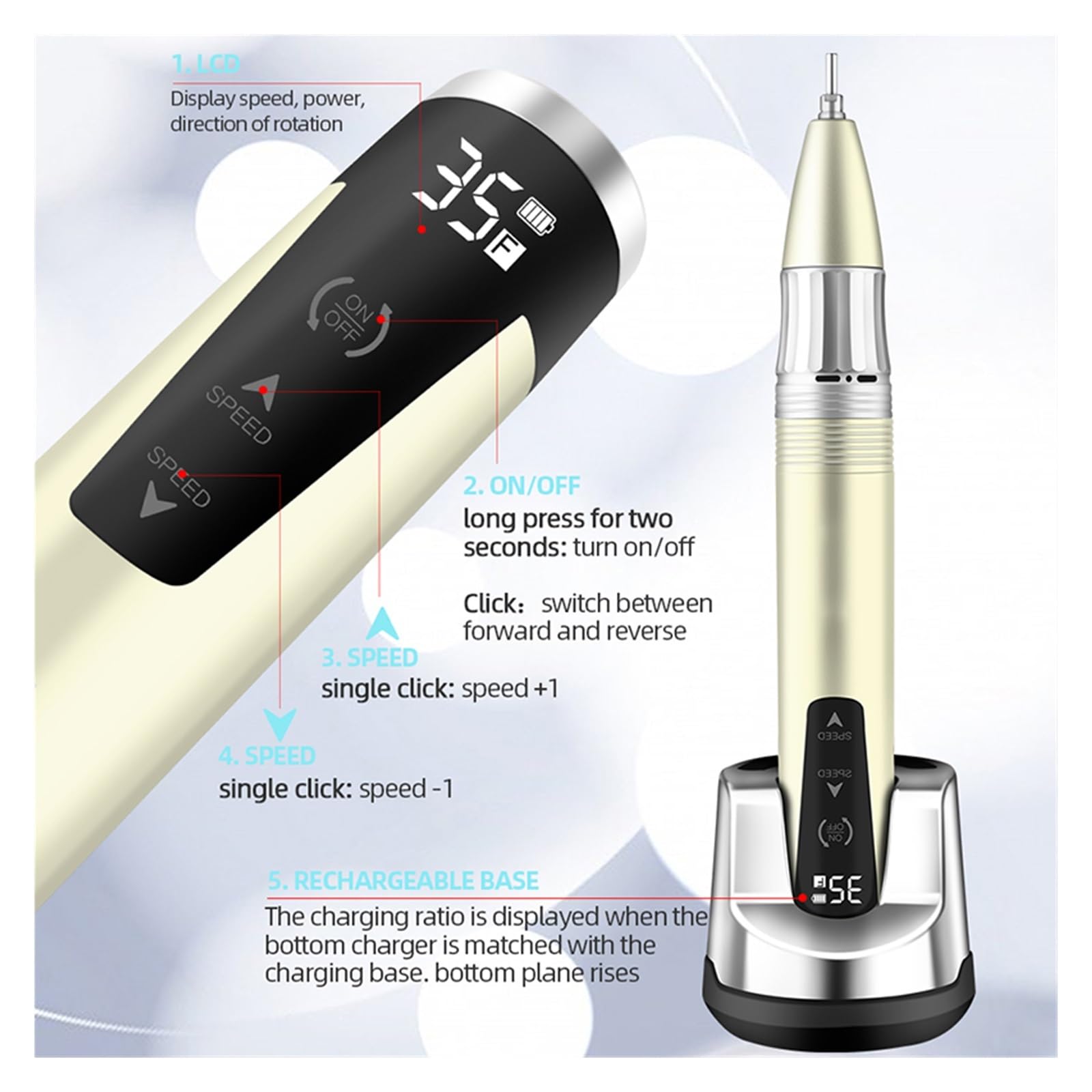 Trapano for Unghie 35000 RPM, Levigatrice for Elettrica con Accumulo di Energia Portatile, Manicure Professionale, Lima for for Acriliche , Basse vibrazioni(Gold-07)