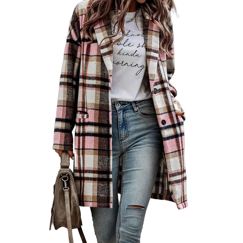 Gabardina De Lana Midi De Invierno Con Contraste A Cuadros A Rayas Para Mujer,Chaqueta Con Botones De Solapa Clásica Rosa Retro Abrigo Cortavientos De Manga Larga Cálido Informal Con Bolsillo