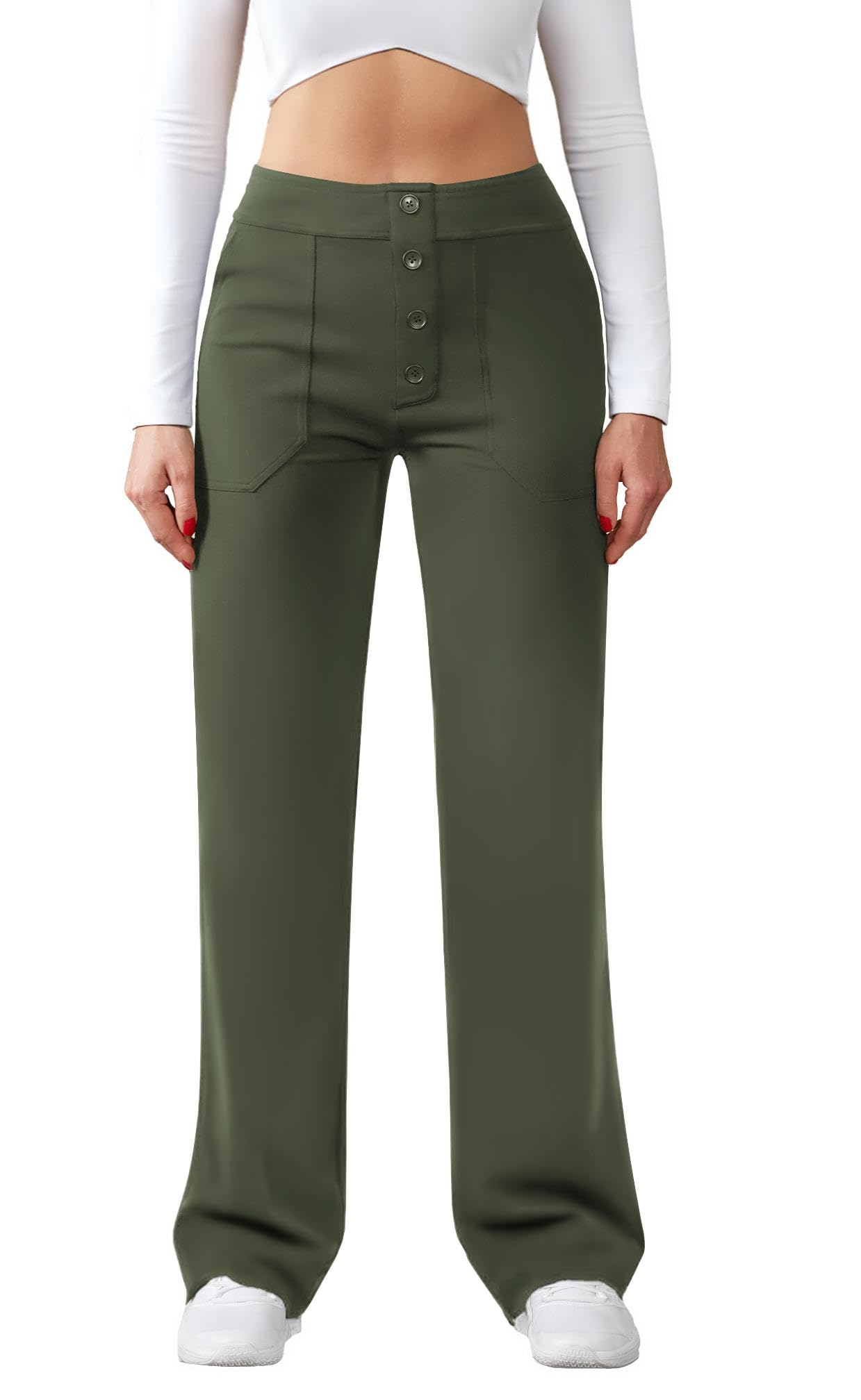 Friptspyg Hose Damen Hohe Taille Weite Hose Knopf Gerades Bein Hose Casual Arbeit Hose Stretch Yogahose mit Taschen
