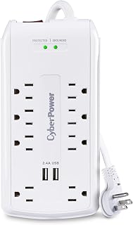 CyberPower CSP806U Professional Surge Protector, 3000J/125V, 15A, 8 Outlets, 2 USB Charging Ports, 6 Foot Cord, White