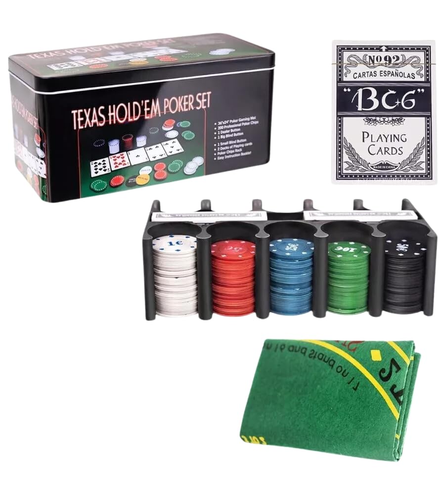 Generico Set da Poker da 200 Fiches, Set da Texas Holdem e Black Jack, Set di Fiches da poker con Tappetino Carte da gioco Porta Fiches, Bottoni Dealer Buio, Set in Scatola di Latta
