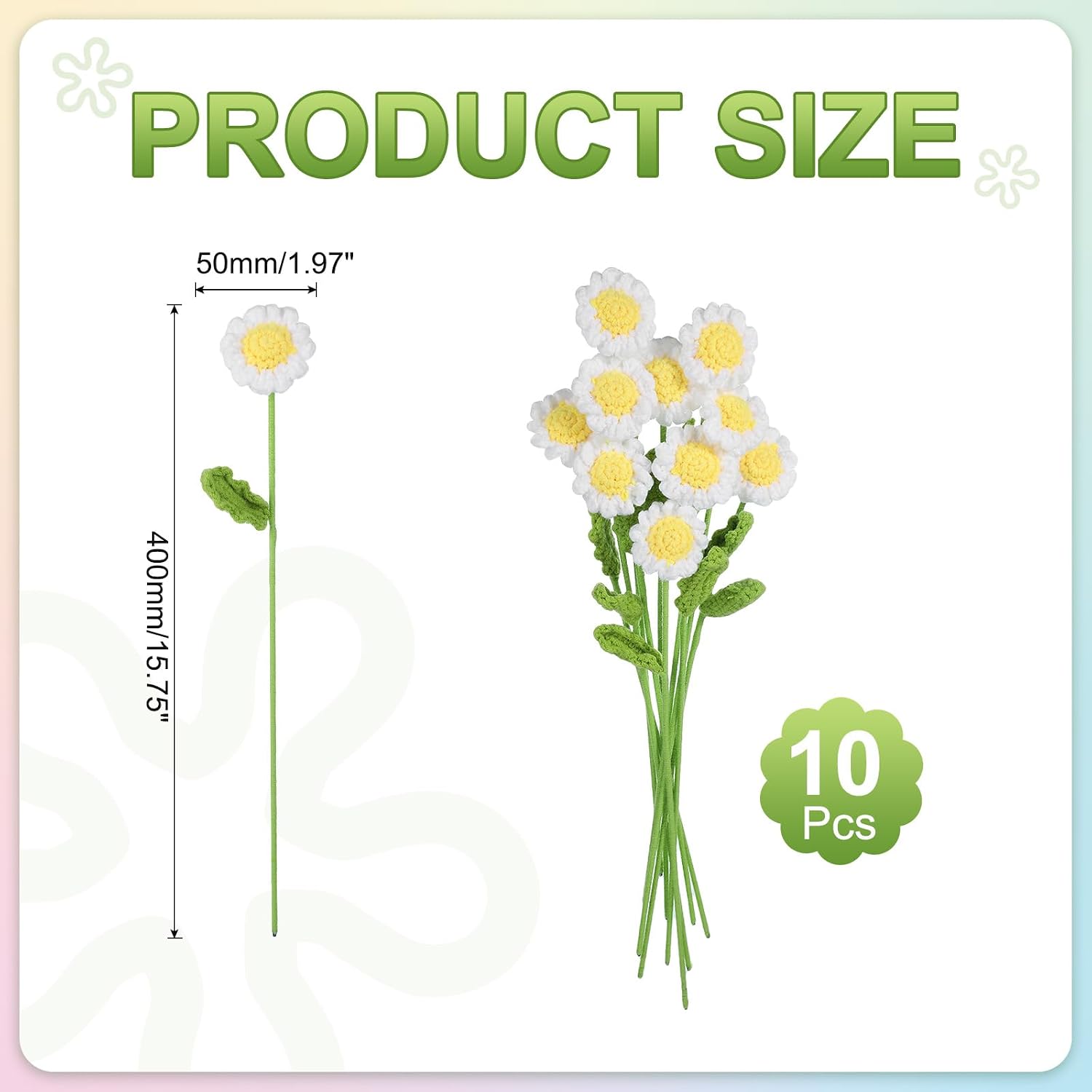 MECCANIXITY Crochet Flowers Handmade Knitting Daisy Artificial Woven Small Potted with Stems for Valentine's Gifts Home Wedding Party Office Table Decor, White Count 10