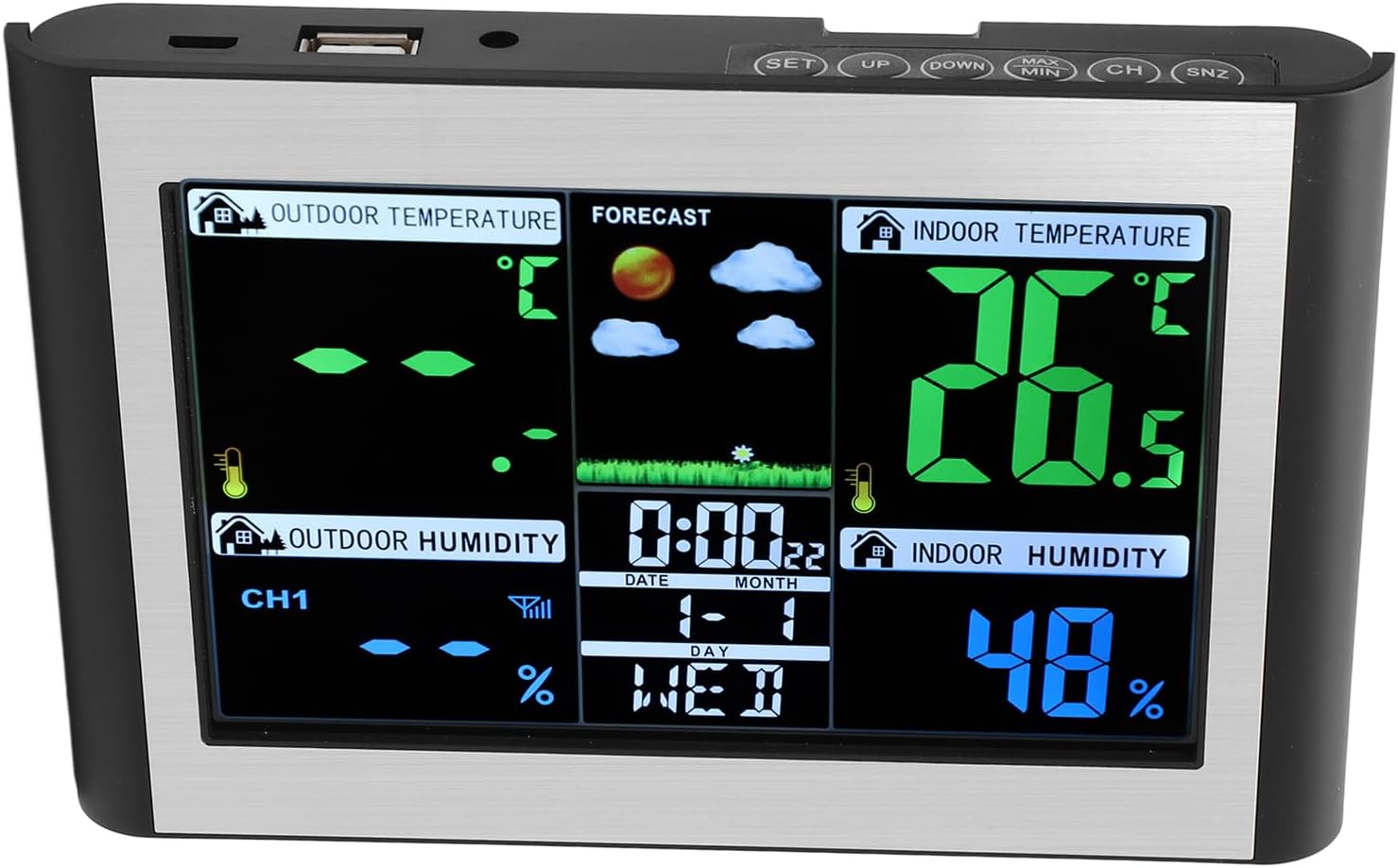 Weather Clock Station, Multi Function Buttons Color Screen Digital Display with Weather Forecast Indoor Outdoor Temperature Humidity Monitor, for Home Office Use