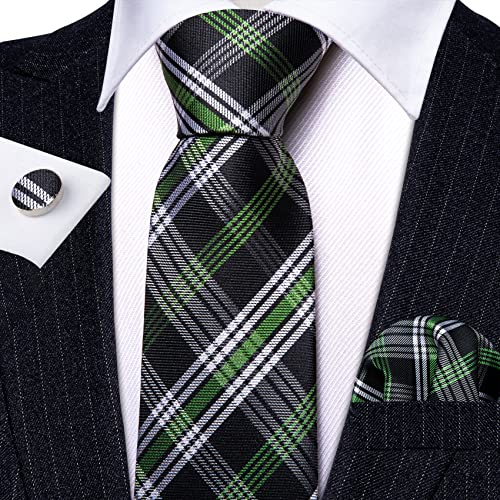 Image of Barry.Wang Plaid Ties for Men Silk Necktie Handkerchief Cuff Links Set