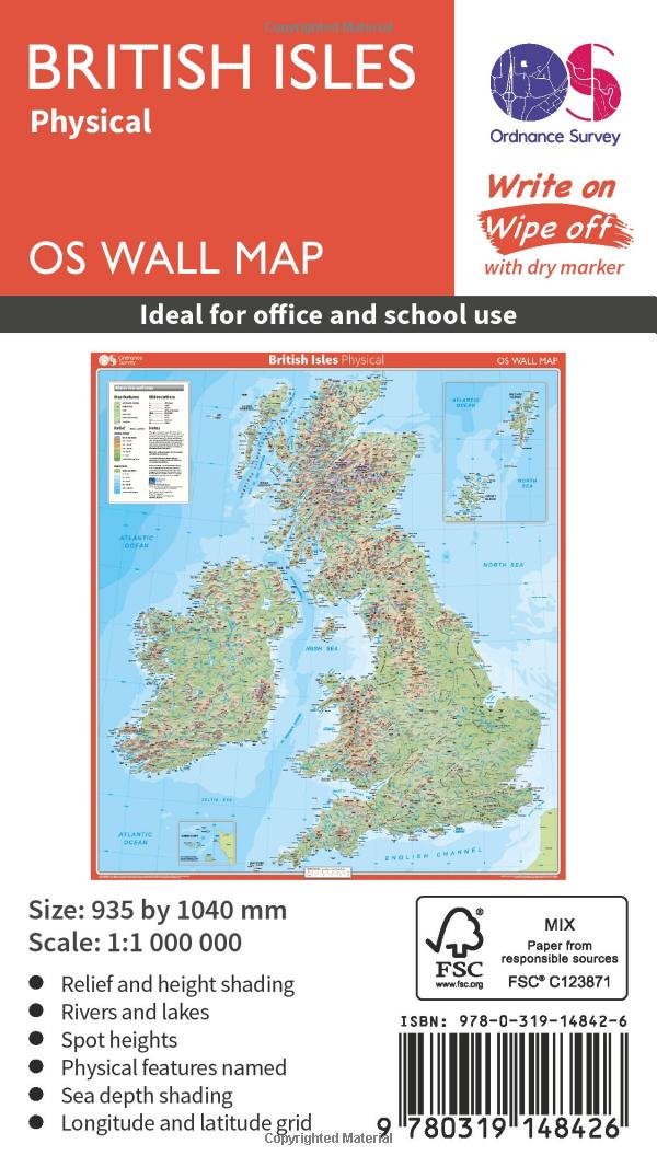 British Isles Physical Wall Map | Laminated Wall Map | Ordnance Survey | OS Wall Map | British Isles | United Kingdom | Classroom | Maps