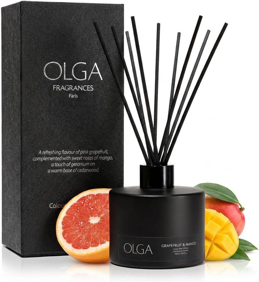 OLGA Reed Diffuser - 180ml Grapefruit Mango - Black Glass - Up to 12 Weeks - No Light Source