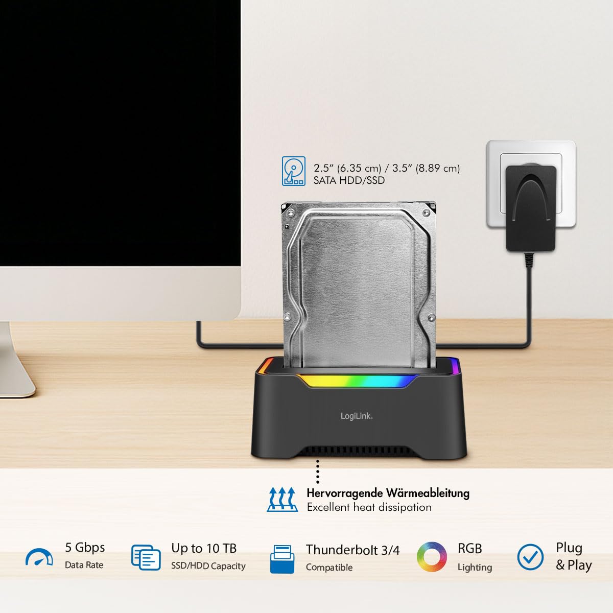 LogiLink Docking Station USB-C (3.2 Gen1) per HDD/SSD SATA da 2.5" e 3.5", con luce RGB, compatibile con Thunderbolt, Windows, Mac OS, Linux