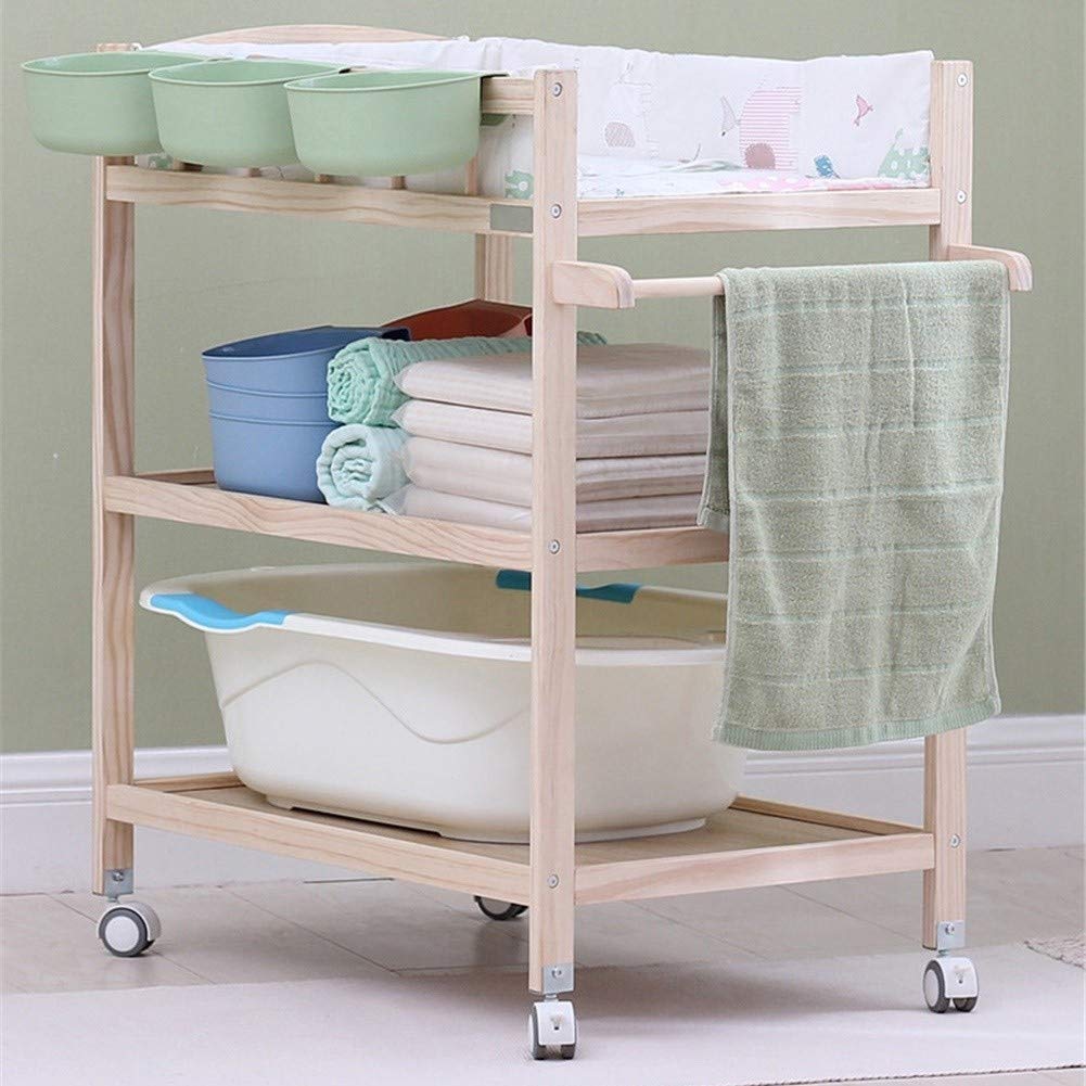 Cassettiera fasciatoio in Legno su Ruote con Cuscino, Stazione per Vasca da Bagno per Bambini per Asilo Nido Domestico, Altezza 95 cm