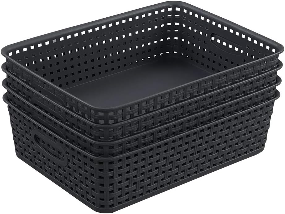 Office Paper Tray Basket, Plastic Shallow Storage Basket Set of 4, Grey