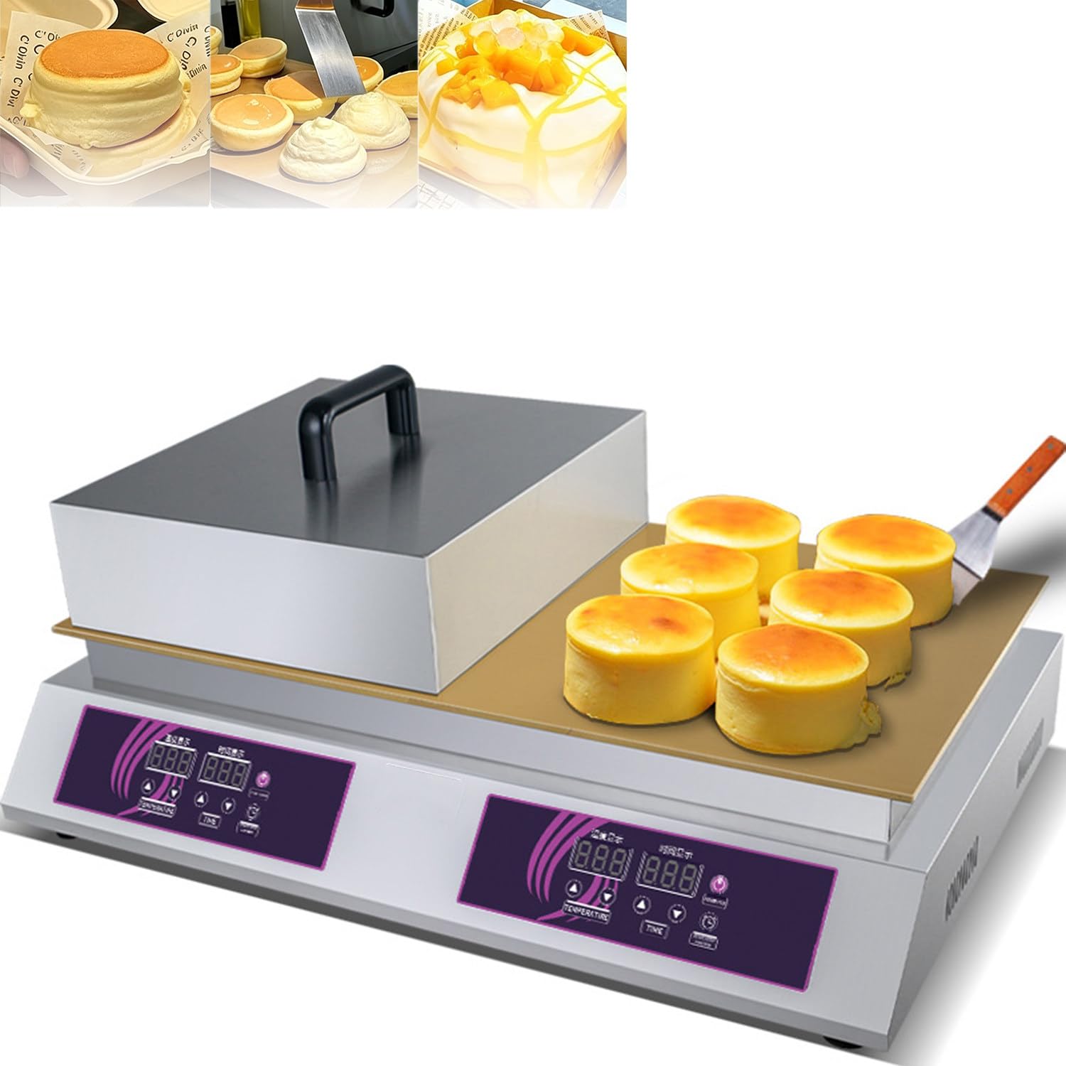 Azcabjie Commercial Electric Souffle Pancake Maker Pure Copper Heating Plate Non-Stick Dorayaki Baker Stainless Steel Griddle with Digital Temperature Control Doublehead
